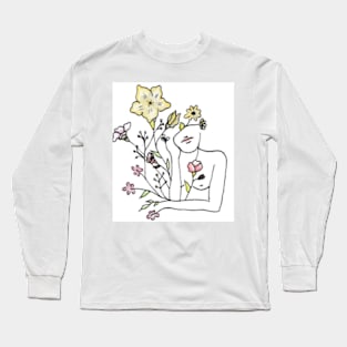 Drawing of woman's siluette and watercolor flowers Long Sleeve T-Shirt